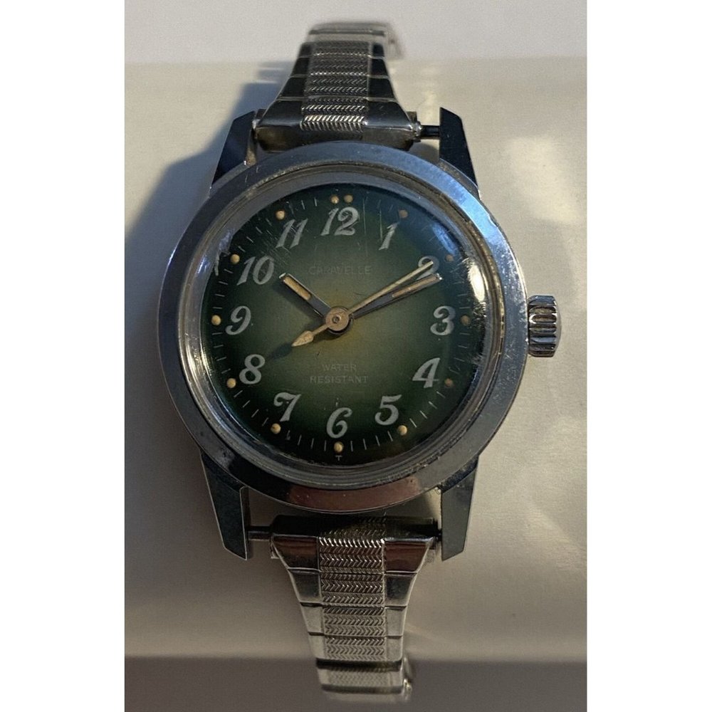 Vintage 1974 Caravelle by Bulova Green Sun Burst Dial Women Watch Keeps Time WOW